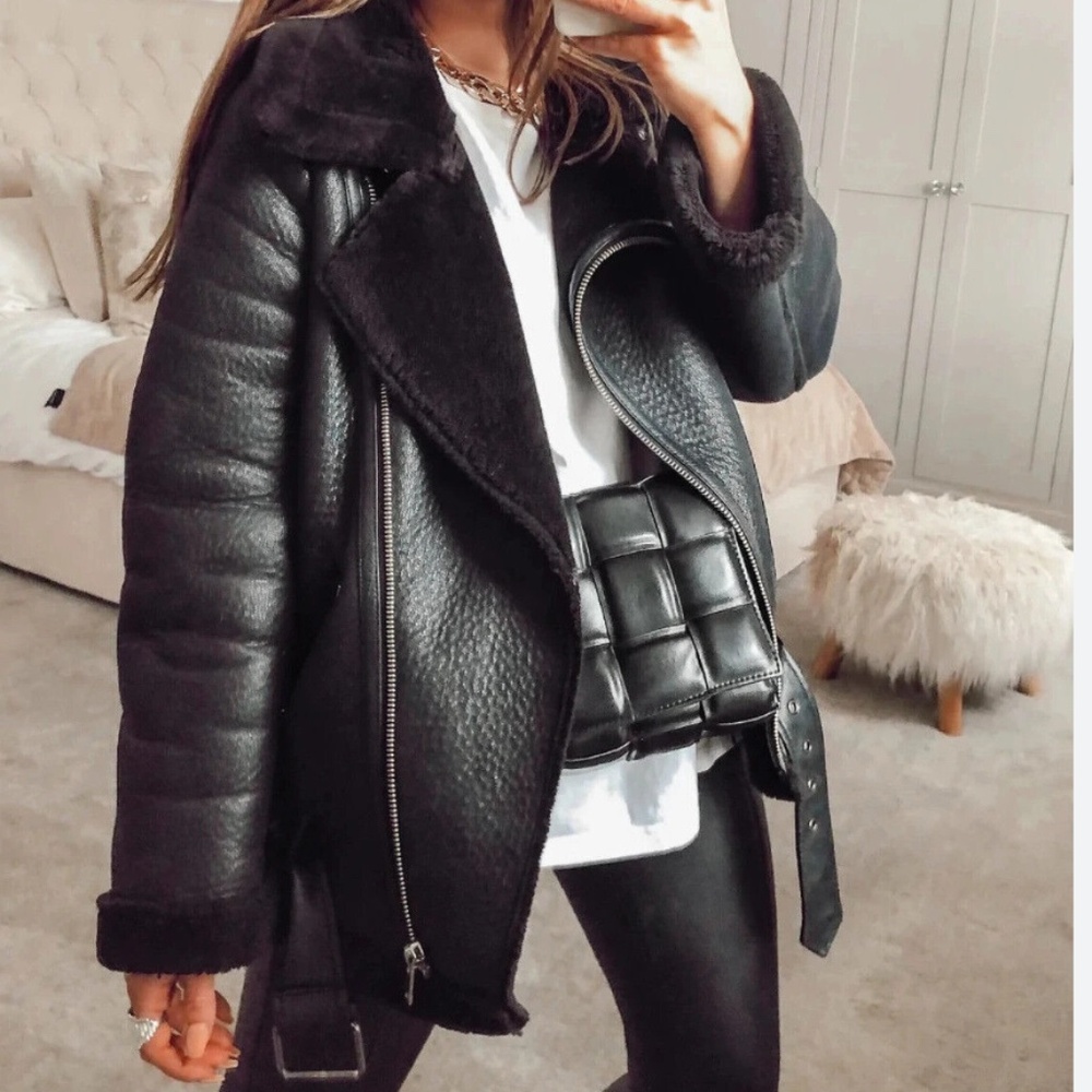 ZARA Faux Leather Shearling Fur Biker Jacket